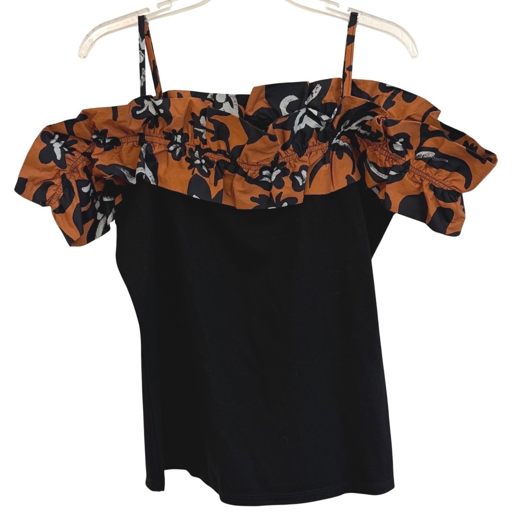 Venus Womens Cold Shoulder Ruffle Top Black Rust Floral Spaghetti Strap L NWOT